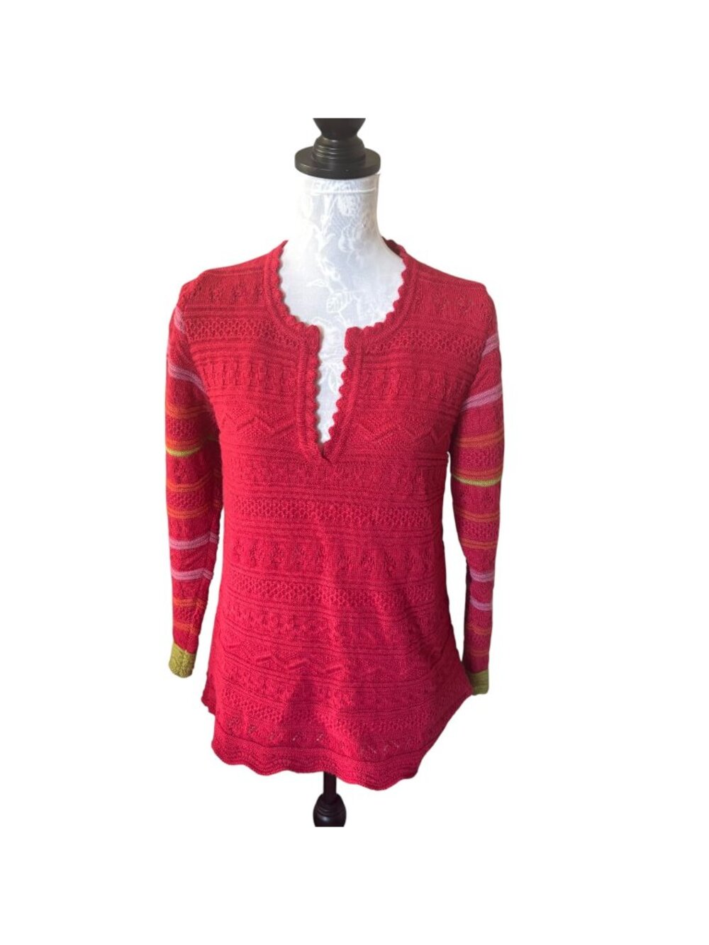 OLEANA Sweater Norway Alpakka Red V Neck Colorful Knit Small Womens